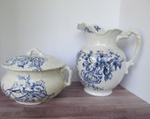 Blue Transferware Pitcher Antique Blue and White Ironstone Meissen Blue White Decor Victorian Antiques Transferware Water Pitcher Victorian