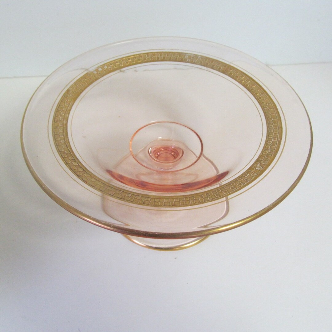 Pink Depression Glass Gold Trim Pedestal Compote Glass Art Etsy
