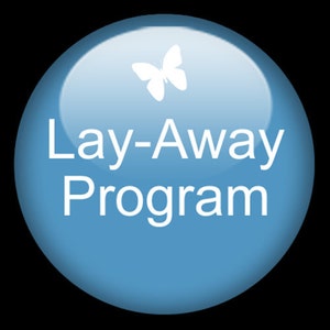 May include: A blue button with a white butterfly and the text "Lay-Away Program" in white.