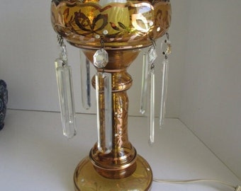 Romantic Boudoir Lamp Beautiful Bohemian Amber Crystal Cut Glass Lamp Art Nouveau Lamp Crystal Prisms Amber Glass Lamp Table Lamps Victorian