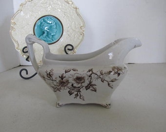 DragonFly Brown Transferware Gravy Boat 1800s Victorian Aesthetic Movement Era Plates with Bugs Farmhouse Brown Transfer ware Farmhouse