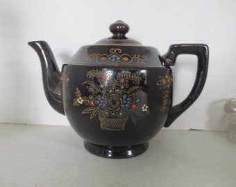 Red Ware Pottery Brown Glaze Pottery Teapot Brown Redware Tea Pot Hand Painted with Gold Red and Blue Design Teapot Comes with Lid