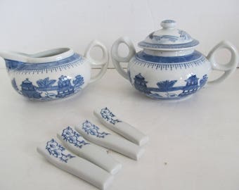 Blue and White Sugar And Creamer Set Oriental Sugar Creamer Blue and White China Large Sugar Bowl Double handle Pagoda Wabi Sabi