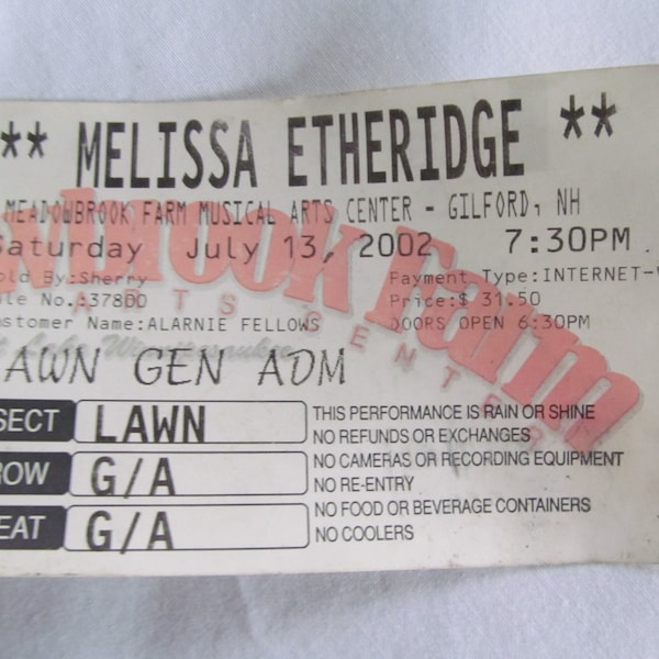 Melissa Etheridge Vintage Concert Ticket Music Festival I'm the Only One Come to My Window Meadowbrook Farm Musical Art Center Gilford NH