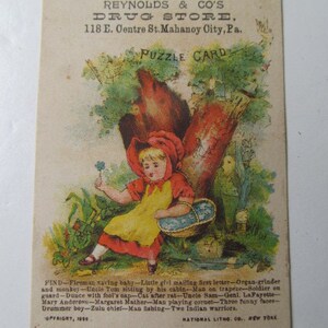 1890 Merry Christmas Reynolds Co Drug Store Mahanoy City PA Puzzle Card Victorian Lithograph card Advertising Cards pharmaceutical pharmacy