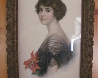 Antique Victorian Picture Hand Drawn Portrait Framed Edwardian Lady Edwardian wall Decor Victorian Lady Antique Frame Romantic Wall Decor