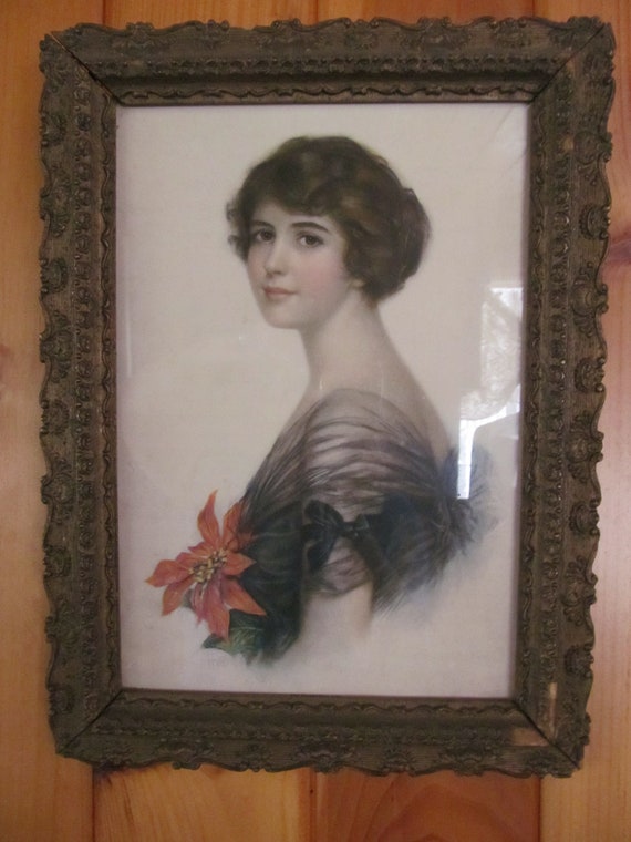 Antique Victorian Picture Hand Drawn Portrait Framed Edwardian Lady Edwardian wall Decor Victorian Lady Antique Frame Romantic Wall Decor