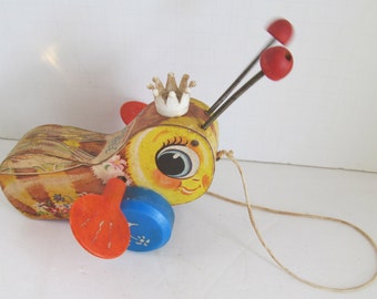 Bumble Bee Pull Toy 1960s Fisher Price Toddler Pull Toys Children Vintage Pull Toys Vintage Wooden Pull Toys Vintage Toddler Toys Vegan Toys