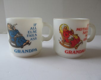 Grandpa Grandma coffee cups Mid Century Glass White Milk Glass Fire King Grandma Grandpa Coffee mug Grandparent Gifts Granmother Grandfather