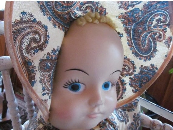 Bohemian Baby Doll Paisley Print Vintage Cloth Doll Sunbonnet Baby 1940s Fabric Mask Face Doll Trending Doll Paisley Decor Boho Baby