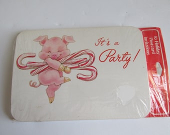 16 Christmas Party Invitation Cards  NOS Postcard Invitations  Party Invitations Package of Cards Pig Party Candy Canes Postcard Invitations