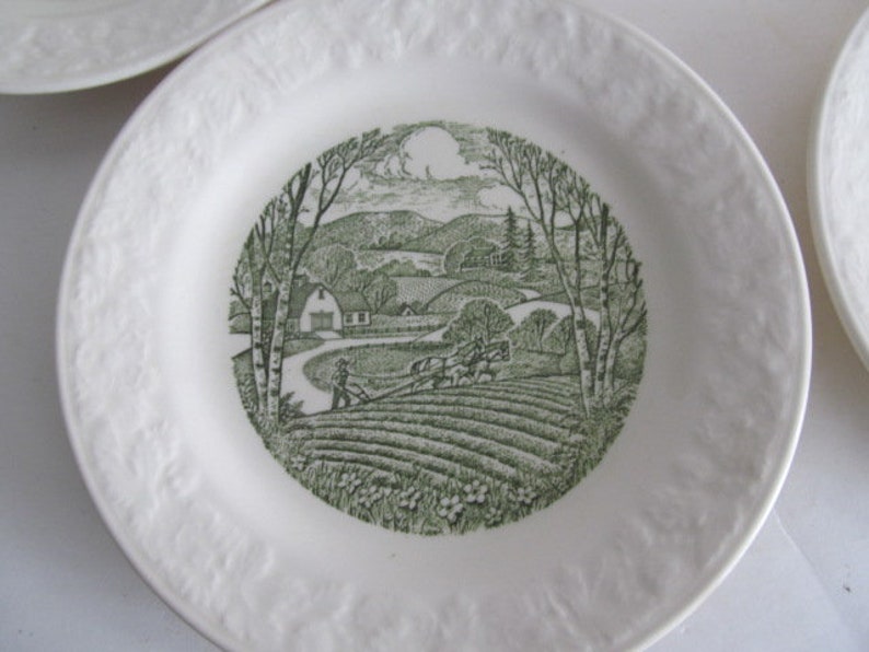 1940s Apple Picking Country Farmhouse Kitchen Taylor Smith /& Taylor Pastoral Plate Green Transfer Plates Green and white Plates Farmhouse