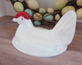 Henny Penny Chicken Milk Glass Rooster Figural Milk Glass Hen for Basket Top Only Glass chicken Rooster Decor Milk Glass Rooster Figurines