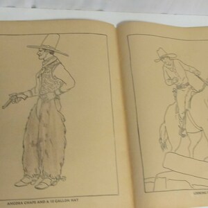 Puede incluir: Un dibujo en blanco y negro de un vaquero con un sombrero de 10 galones y pantalones de montar, sosteniendo una pistola. La segunda imagen muestra a un vaquero montando un caballo. El texto "ANGORA CHAPS AND A 10 GALLON HAT" est&aacute; debajo de la primera imagen y "LOOKING FOR THE TRAIL" est&aacute; debajo de la segunda imagen.