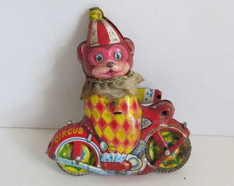 Tin Wind Up Toys Bear on a Motorcycle Circus Toys Antique Tin Toys Tin Motorcycle toys Antique Tin Toy Antique Motorcycle Toy Teddy Bear