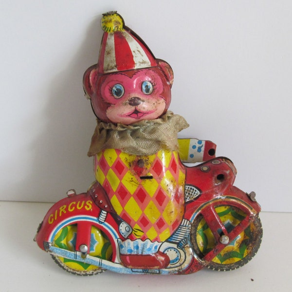 Tin Wind Up Toys Bear on a Motorcycle Circus Toys Antique Tin Toys Tin Motorcycle toys Antique Tin Toy Antique Motorcycle Toy Teddy Bear