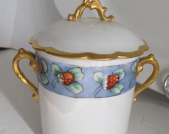 Strawberry Jam Jar Austria Hand painted Porcelain Jam Jar Condensed Milk Container Antique Victorian  Porcelain Jelly Jar with Cover