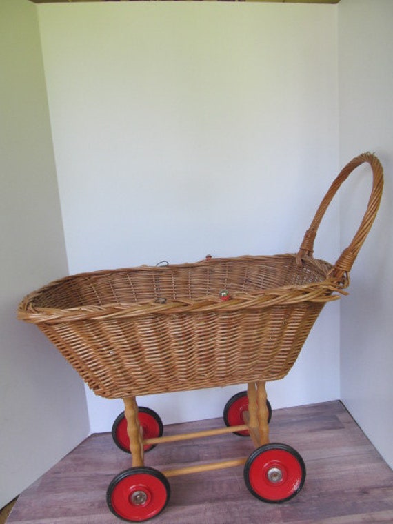 Antique Baby Doll Carriage Wood Wicker Doll Carri… - image 2