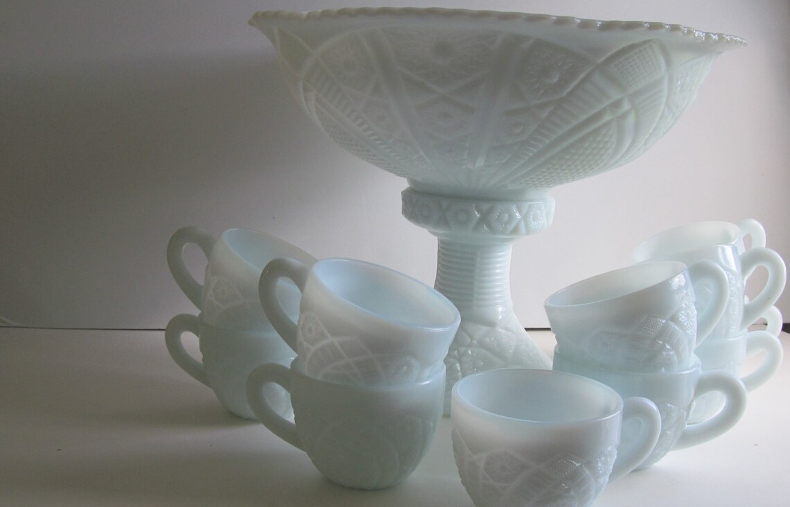 SALE White Wedding Punch Bowl Sets Vintage Milk Glass Punch Etsy