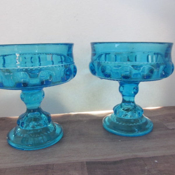 2 Blue Pedestal Candy Dishes, Blue Thumb print Glass Tiffin Kings Crown Blue Glass Pedestal Desert Dishes Thumbprint Glass Blue Glass