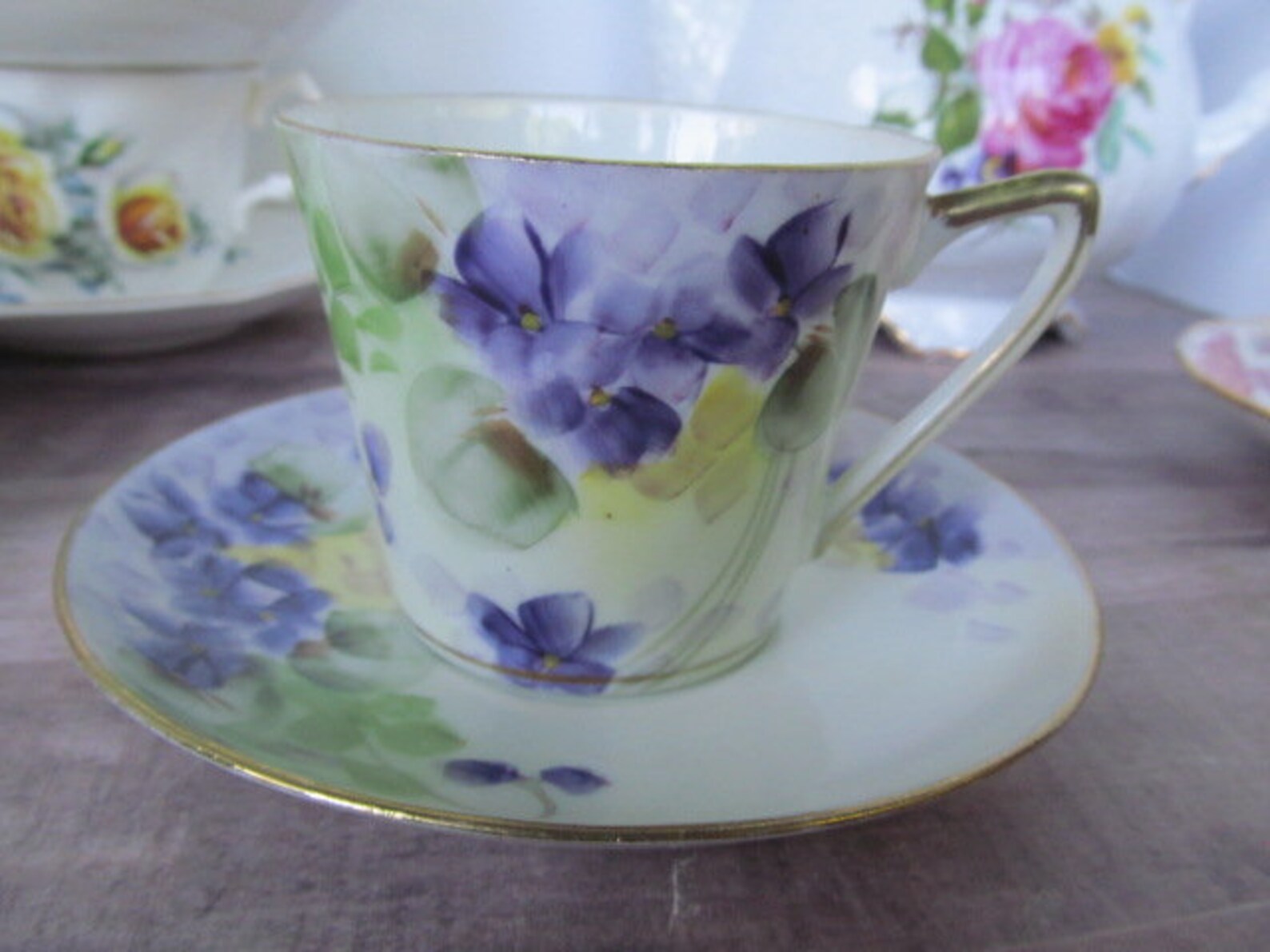 Purple Violets Hand Painted Nippon Tea Cup Saucers Lavender Etsy