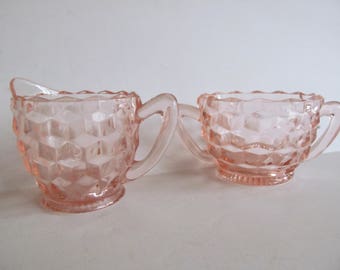 Sugar Cubes Sugar Bowl set 1933 Jeanette Pink Depression Glass Sugar and Creamer Set Pink Art Deco Glass Block Pattern Depression Glass Pink