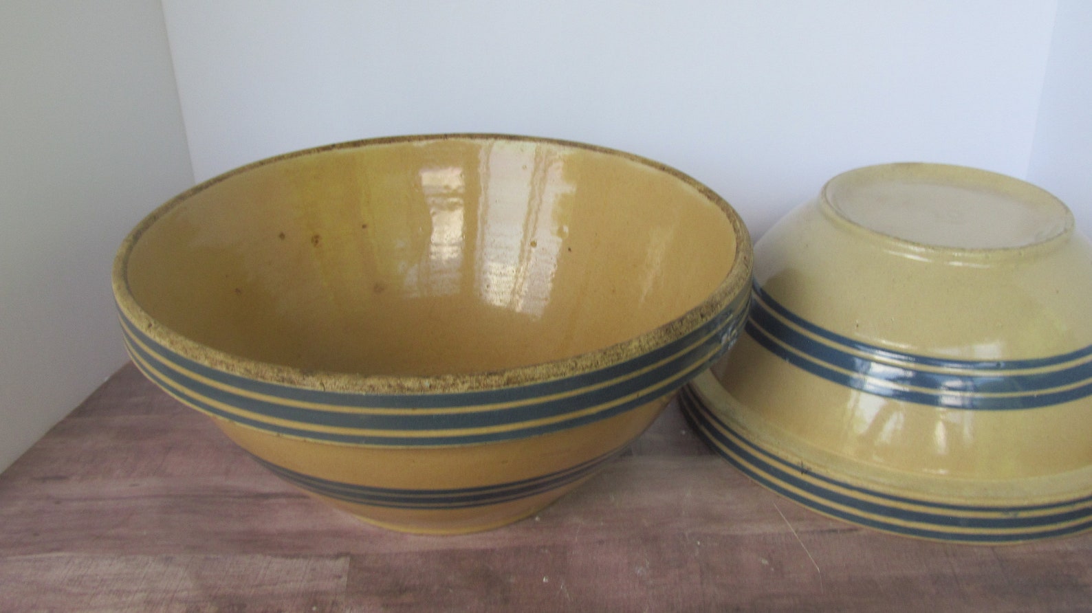 11 1/2 Yellow Ware Bowl Tripple Blue and White Stripe Yellow Etsy