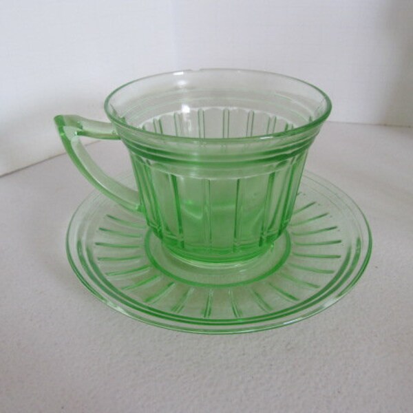 Tea for One Green Depression Glass Tea Cups Art Deco Glassware Green Cups Green Teacups Art Deco Glassware green clear teacups green glass