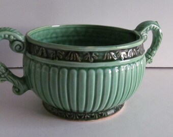 Art Deco Pottery Bowl Green and Black Pottery bowl with double hand Sugar bowl Numbered Piece Dark Green Pottery Art Deco Pottery Green