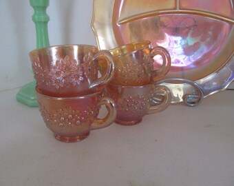 4 Marigold punch Bowl cups Set of 4 Orange Carnival Glass Punch Bowl Cups Set of 4 Orange Teacups Orange Flowered Designed Cups with Handles