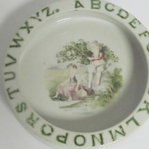 Germany Antique Baby Dish Family Heirloom White Ironstone Plate Transfer Ware ABC Baby Plate Transferware Antique Victorian Childrens Plate
