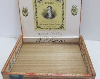 General Cigar Co. Cigar Box, Wooden Cigar Box, Antique Cigar Boxes Robert Burns Segars Antique Cigar Wooden Box, Box with Attached Lid