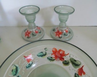 3pc set Mid Century Centerpiece Green Satin Glass set Mid Century Green Frosted Glass Glass Console Bowl hand Painted Glass Candle Holders