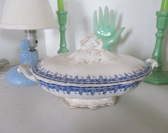 Lovely Blue Transfer Ware Tureen - Empress Mercer China Blue and White Covered Dish  Blue Transferware Tureen Covered Vegetable serving Dish