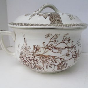 Puede incluir: Un orinal de cerámica blanca con tapa, con un diseño floral marrón. El orinal tiene una asa y una forma redondeada.