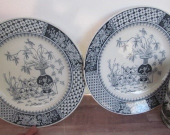 2 Blue Transfer ware Blue Plates Copeland and Sons Blue Transferware Plates WT Copeland & Sons,Stoke upon Trent England English China Urn
