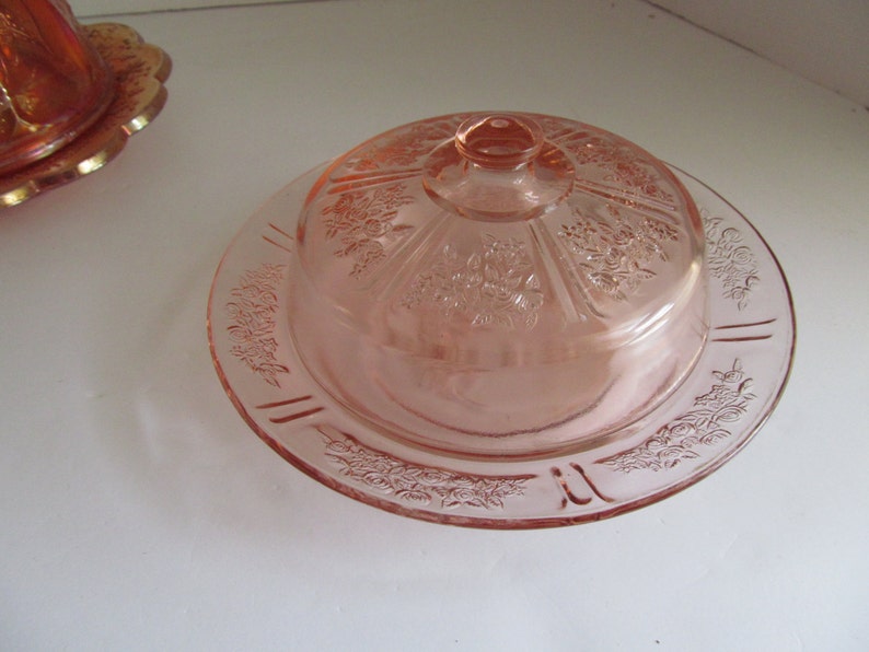 Sharon Pink Depression Glass Covered Butter Dish Pink Roses Cabbage Rose Pattern Sharon Pink Butter Dish Rose Pattern Federal Glass image 3