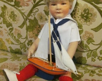 Sailor Boy Vintage Felt Doll R John Wright Doll Arthur Limited Edition Doll Sailor Boy Wooden Sailboat Nautical Decor Navy Beach House Decor