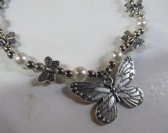 Boho Butterfly Silver Necklace Pearls 18 20" necklace Silver Butterfly Necklace Butterflies Silver Butterfly Jewelry Bohemian Pearl Jewelry