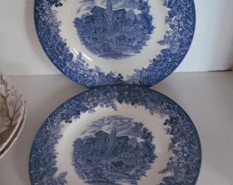 Romantic England Transferware Blue Plate Queens Ware Wedgwood Blue & White Plates English Blue China Wedgwood China Plates Moreton Old Hall
