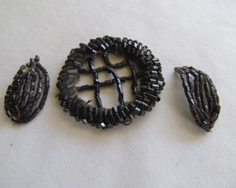 3 pc Antique Haberdashery Victorian Mourning Black Jet Beads Victorian Jet Black Glass Beads Jet Stone Beads Antique Beads Applique