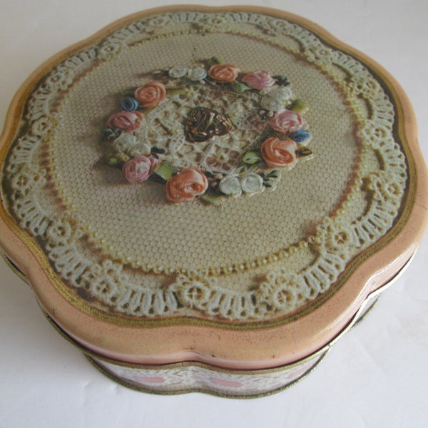 Tins Peach Floral Tin Advertising Tin Avon 1981 Advertising Tins Shabby Rose Decor Embroidery Decor Valentine Candy Tins 80s Avon Button Tin