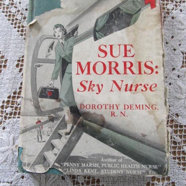 Sue Morris Sky Nurse Dorothy Deming RN 1953 nursing aviation 1950s Books 1st Edition Book MCM Coffee Table Books Yellow and Brown Decor Book