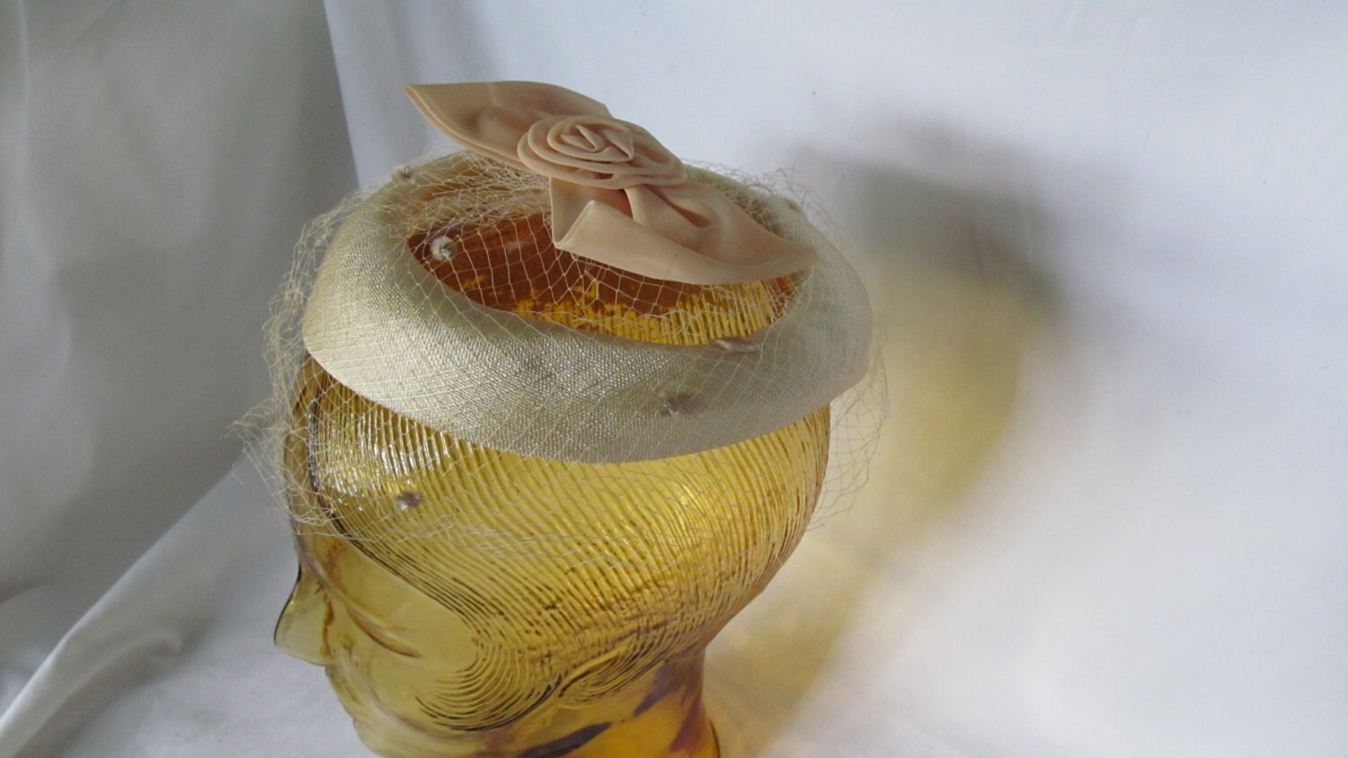 Mid CenturyHats Headpieces MCM Demi Chapeau Veil Hat Art Deco Headpiece Cream and Beige Crin Bow Ivory Head piece Ivory Hat