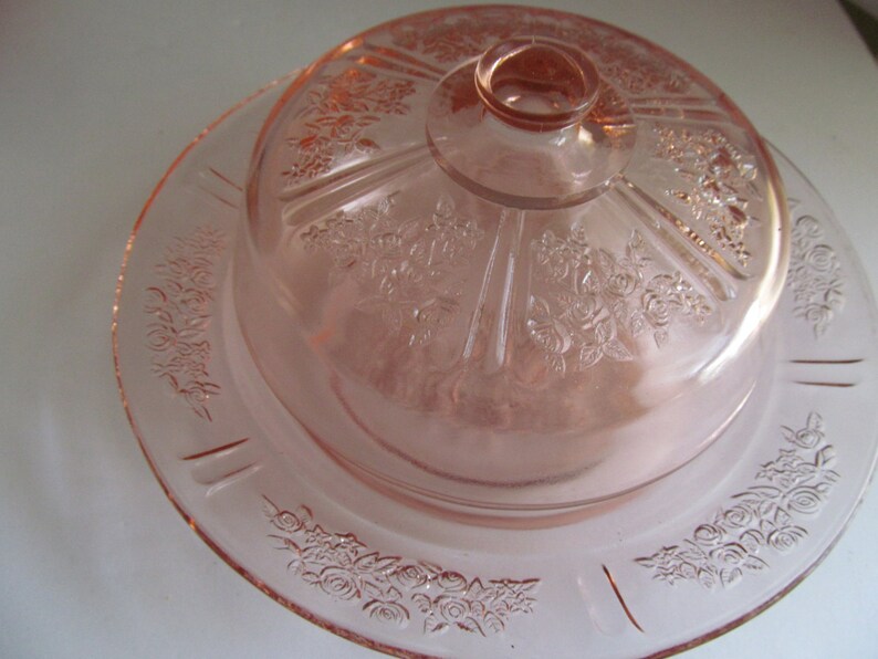 Sharon Pink Depression Glass Covered Butter Dish Pink Roses Cabbage Rose Pattern Sharon Pink Butter Dish Rose Pattern Federal Glass image 2