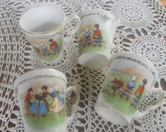 1800s Tea cups Tea Party DELFT Tea Cups HOLLAND Children Cups Quimper Ring Around the Roses Gold Gild Trim  Holland decor Delft Decor