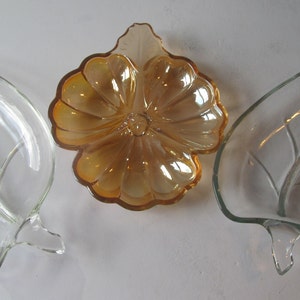 Doric Pansy Pattern Jeanette Glass Iridescent Peach Lusterware Glass serving Bowl Carnival Glass Peach Luster divided Bowl MCM Glassware