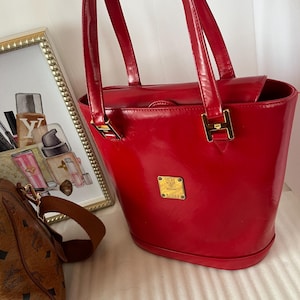 MCM Top Handle Bag Red Patent Leather Bucket Bag MCM Bag Charms