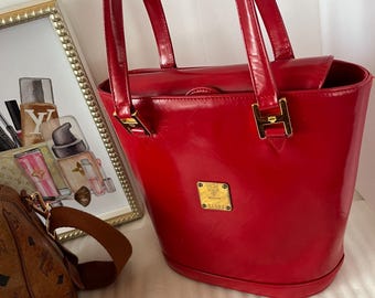 MCM Top Handle Bag Red Patent Leather Bucket Bag MCM Bag Charms