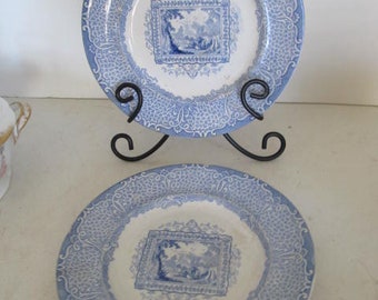 2 Blue Transfer ware Plates Blue Plates Gipsy Pattern China Blue Transferware Plates Stafforshire England Blue & White English China Urn